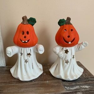Vintage Halloween ceramic tea light Jack o lantern ghost candle holders